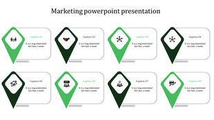 Marketing PowerPoint presentation with eight sections, each featuring a green location pin and an icon with captions.