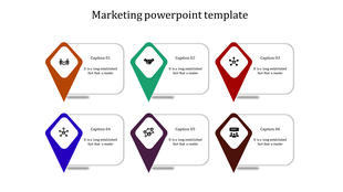 Marketing slide with six pointers in orange, green, red, blue, purple, and brown, each featuring icons and captions.