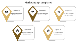 Marketing PowerPoint template with five gold and brown diamond shaped icons featuring various captions.