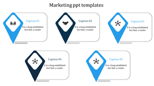 Marketing template with five location marker-shaped elements in blue and navy, each connected to a rectangular text box. 