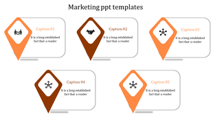 Marketing PowerPoint template featuring five colored orange diamond shaped icons with corresponding captions.