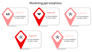 Slide with five red pointers, each containing icons and captions, aligned horizontally on a white background.