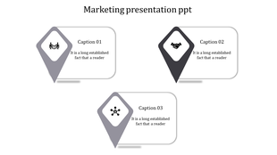 Triangular layout with three gray pins, each with a marketing icon and caption areas.