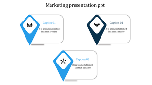 Blue and dark blue marketing PowerPoint presentation template with diamond shaped icons and captions.