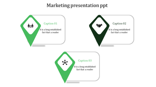 Marketing  template featuring three green location markers, each linked to a rectangular text box with an icon and caption.