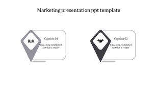Minimalistic marketing PowerPoint template featuring two diamond shaped icons with corresponding captions.