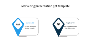 Marketing slide with two blue pointers in light and dark, featuring icons and captions, on a white background.