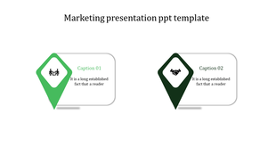 Marketing  template featuring two green location markers, each linked to a rectangular text box with an icon and caption.