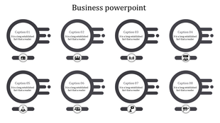 A business PowerPoint slide with eight sections, each with circular icons representing various business themes.