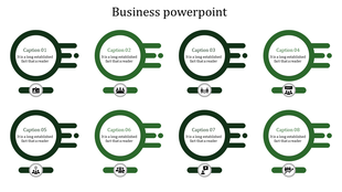 Business PPT slide featuring eight sections with circular icons representing business concepts and captions.
