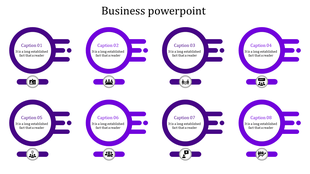 Minimalist layout with eight purple circular elements, captions, and corresponding icons in a two row structure.