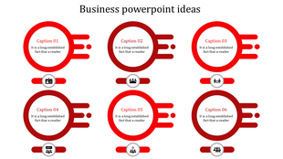 Modern business process infographic with six red circles, containing text and icons representing business strategies.