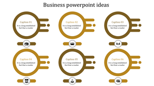 Business template featuring six yellow rings and icons paired with text, arranged symmetrically in two rows.