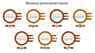 Seven orange circular shapes with icons and captions, aligned in two rows for a visually balanced business design.