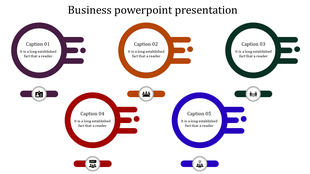 Business PPT slide featuring five colorful circular icons with various business related symbols with captions.