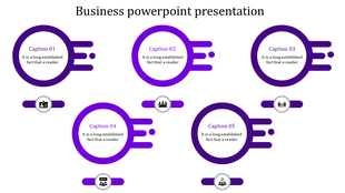 Business strategy flowchart featuring five interconnected circles, each containing a title and description, with icons.