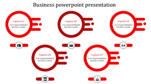 Business PowerPoint presentation template featuring vibrant red circles with icons representing business concepts.