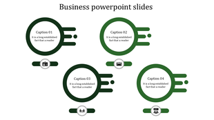 Business strategy flowchart featuring four interconnected circles in green, each containing and description, with icons.