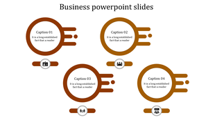 Four orange circular shapes with horizontal streaks on the right, featuring icons below, and captions inside.