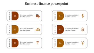 Business finance PowerPoint slide displaying six steps with icons for coins, cash, currency, Bitcoin, and Yen symbols.