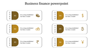 Business finance slide with six steps in rounded rectangles, each with a yellow icon representing different currency symbols.
