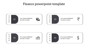 Financial process flow template featuring four steps arranged in a grid layout, each with a numbered section and symbols.