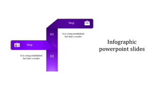 Purple infographic PowerPoint slide featuring two steps with icons, each accompanied by placeholder text.