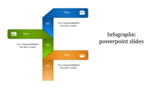 Colorful infographic PPT template with three steps, each step including an icon and description.