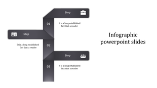 Three step infographic with gray gradient banners forming an F shape, featuring icons, numbers, and descriptions.