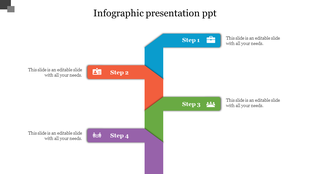 Four-step infographic with a vertical path splitting into blue, orange, green, and purple steps, each with caption areas.