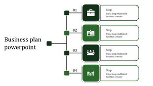 Business plan process flowchart with four green square icons, connected by black lines, each step containing a icon. 