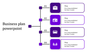 Business plan slide with four purple steps, each represented by icons for a briefcase, ID card, group, and meeting with text.