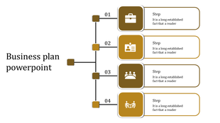 Business plan PowerPoint slide with four steps, each represented by icons for a briefcase, ID card, group, and meeting.