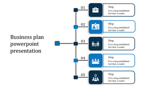 Minimalist business plan timeline, with five steps, each highlighted with blue and black icons and text descriptions.