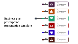 Business plan PPT template with six steps, represented by icons for briefcase, ID, team, meeting, conversation, and idea.