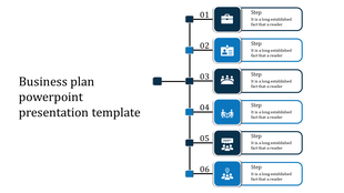 Minimalist business plan timeline, with six steps, each highlighted with blue and black icons and text descriptions.