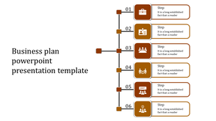 Business plan PPT template with six steps, each illustrated by colored icons and placeholder text.