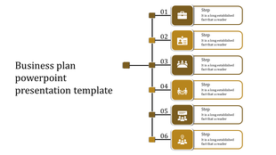 Chart for business planning, showing a structured sequence of six steps with icons and captions areas.