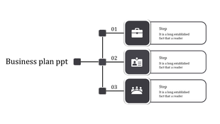 Business plan slide with three gray boxes containing icons, steps, and descriptions connected by a vertical line.