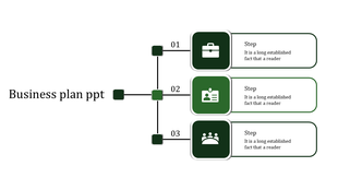 Green business plan PowerPoint slide showing three steps with icons representing a briefcase, ID, and people with text.