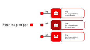 Red business plan PowerPoint slide showing three steps with icons representing a briefcase, ID, and people with text.