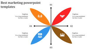Slide featuring a four section petal layout in orange, red, blue, and brown, with icons, aligned with a cross axis.