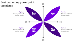 Best marketing PowerPoint slide featuring a purple flower like design with four segments and icons with captions.