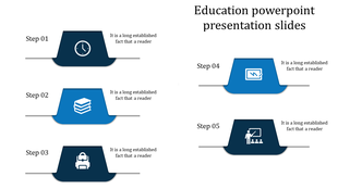 Education PPT slide has a blue color scheme and a design that resembles a timeline with five steps with icons and text.