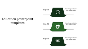 PowerPoint template for education, showing a step by step design with icons for a clock, books, and a graduation certificate.