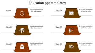 Education PowerPoint template with six brown colored steps, including icons with placeholder text.