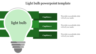 Light bulb PPT template featuring a green light bulb in the center and three sections with captions and placeholder text.