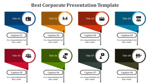 Color coded corporate infographic with eight sequential steps, featuring circular icons, title banners, and captions below.