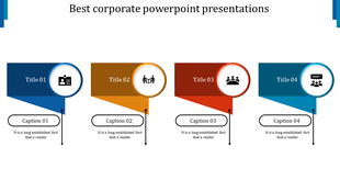 Corporate infographic with colored banners, circular icons, and captions below, representing different business concepts.