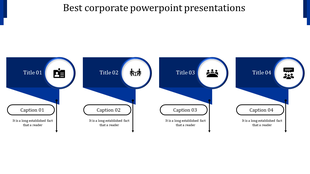 Corporate PowerPoint slide featuring blue accents, business, meeting, team, and communication icons with titles and captions.